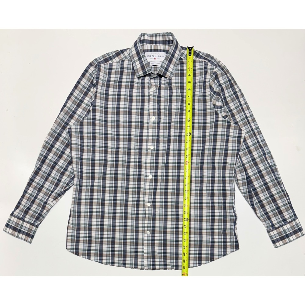Mizzen+Main Leeward Plaid Performance Dress Shirt Blue Tan XL Standard Fit
